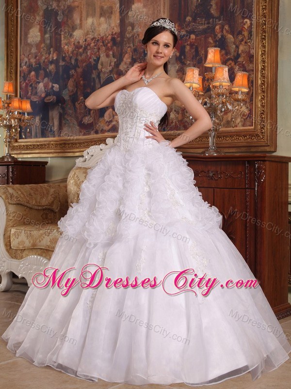 White Sweetheart Organza Ruffled Quinceanera Dress