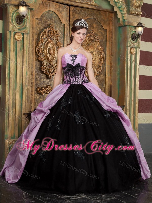 Lavender and Black Strapless Quinceanera Dress with Bow