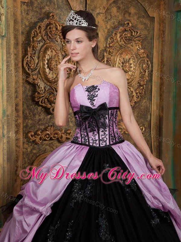 Lavender and Black Strapless Quinceanera Dress with Bow