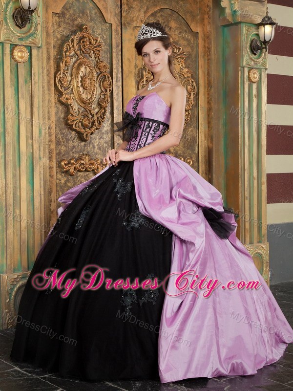 Lavender and Black Strapless Quinceanera Dress with Bow