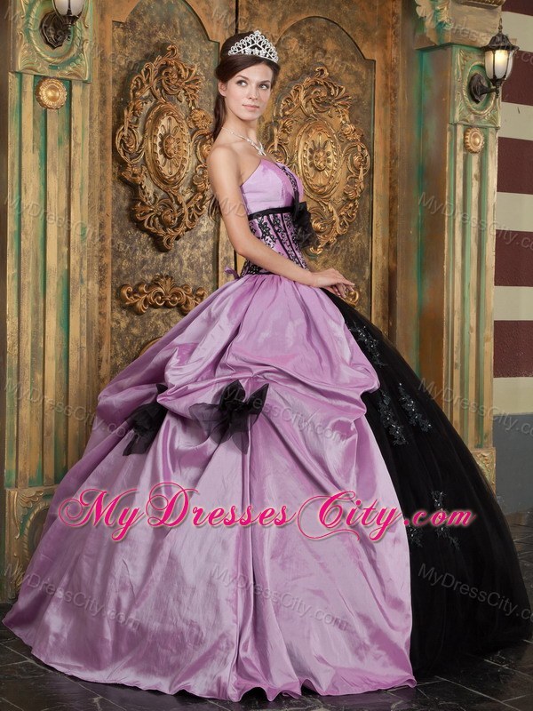 Lavender and Black Strapless Quinceanera Dress with Bow