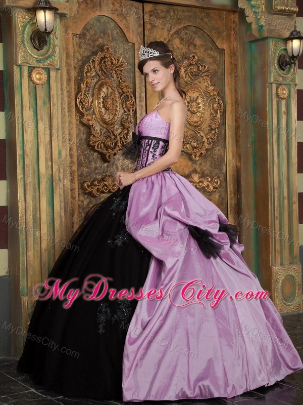 Lavender and Black Strapless Quinceanera Dress with Bow