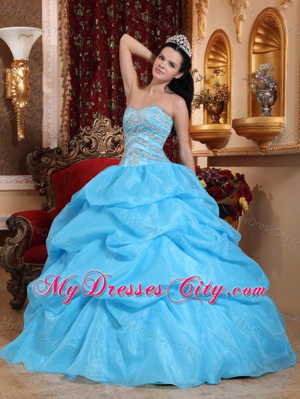 Aqua Blue Sweetheart Organza Beaded Dress for Sweet 15