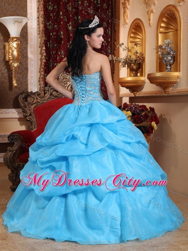 Aqua Blue Sweetheart Organza Beaded Dress for Sweet 15