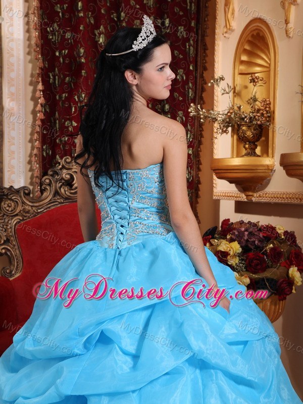 Aqua Blue Sweetheart Organza Beaded Dress for Sweet 15