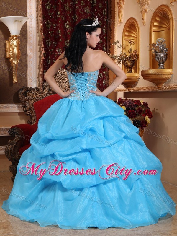 Aqua Blue Sweetheart Organza Beaded Dress for Sweet 15