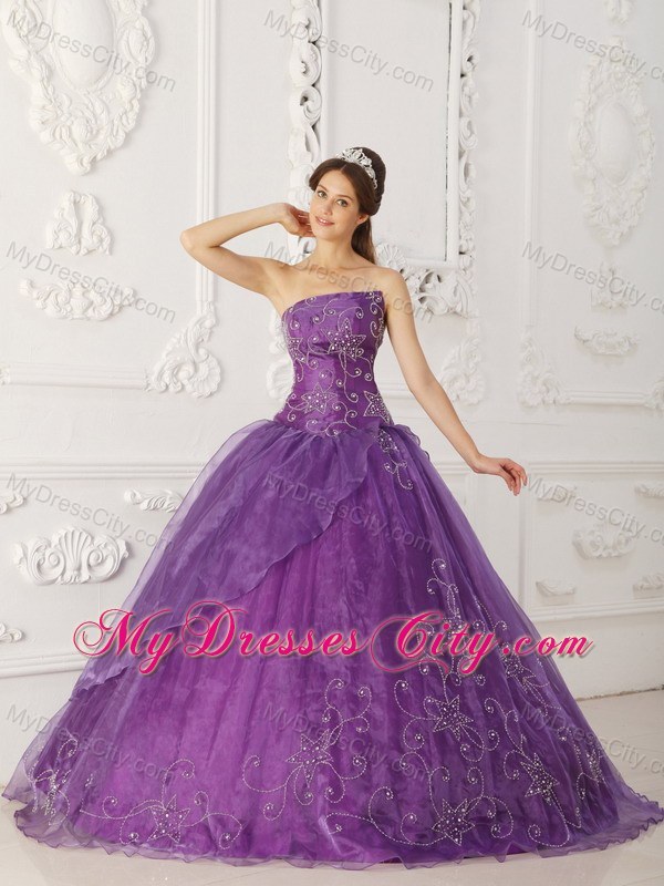 Asymmetrical Purple Beaded Organza Dress for Quince