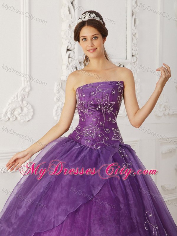 Asymmetrical Purple Beaded Organza Dress for Quince