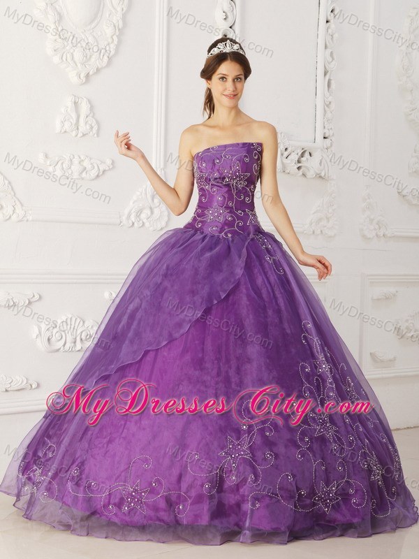 Asymmetrical Purple Beaded Organza Dress for Quince