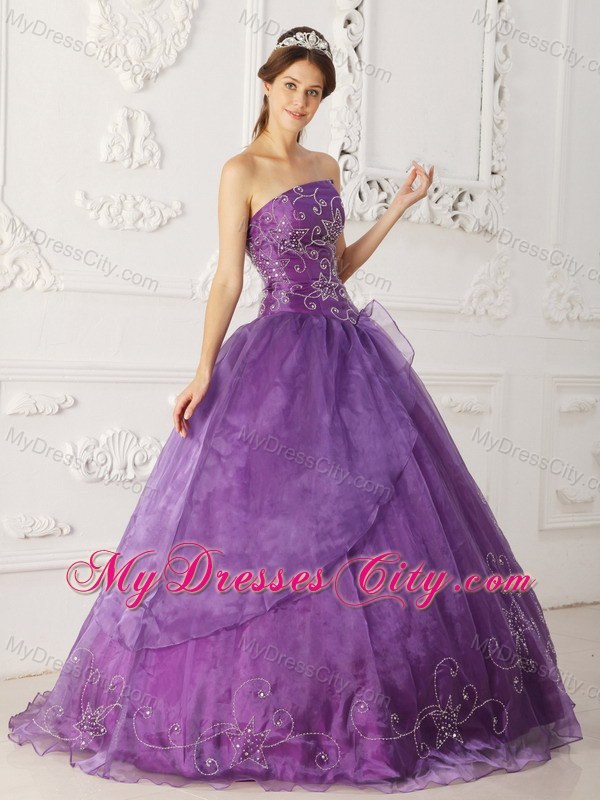 Asymmetrical Purple Beaded Organza Dress for Quince