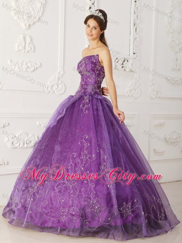 Asymmetrical Purple Beaded Organza Dress for Quince