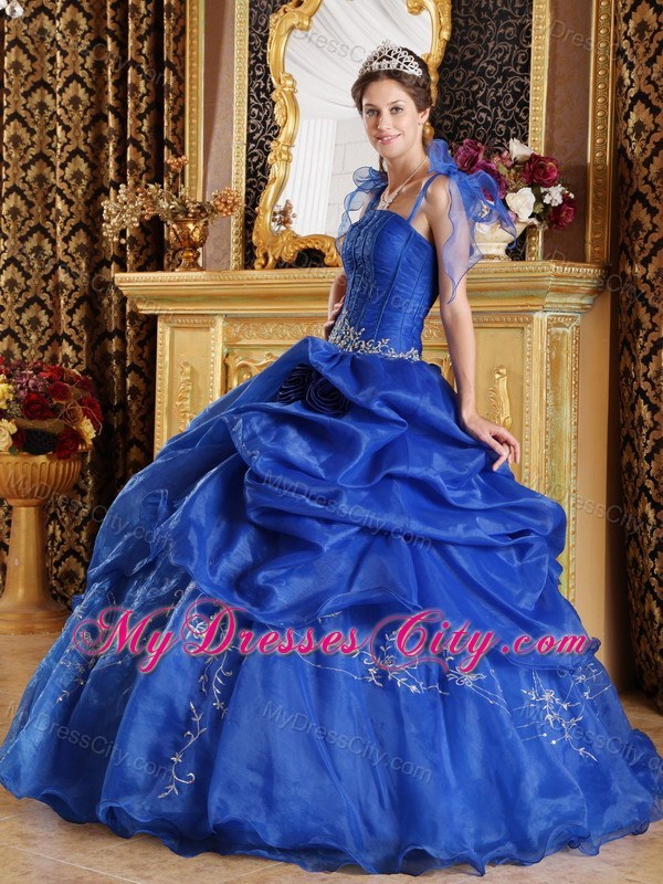 Blue Spaghetti Straps Organza Appliques Sweet 15 Dresses