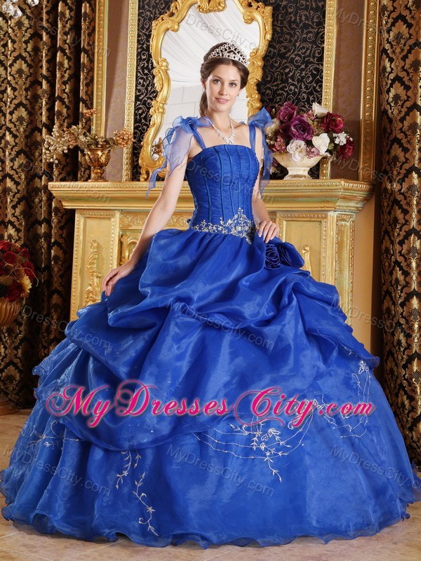 Blue Spaghetti Straps Organza Appliques Sweet 15 Dresses