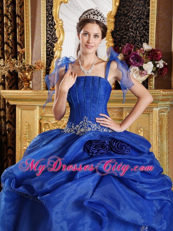 Blue Spaghetti Straps Organza Appliques Sweet 15 Dresses