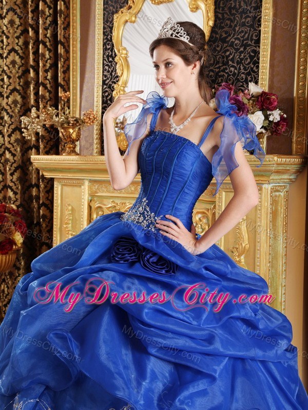 Blue Spaghetti Straps Organza Appliques Sweet 15 Dresses