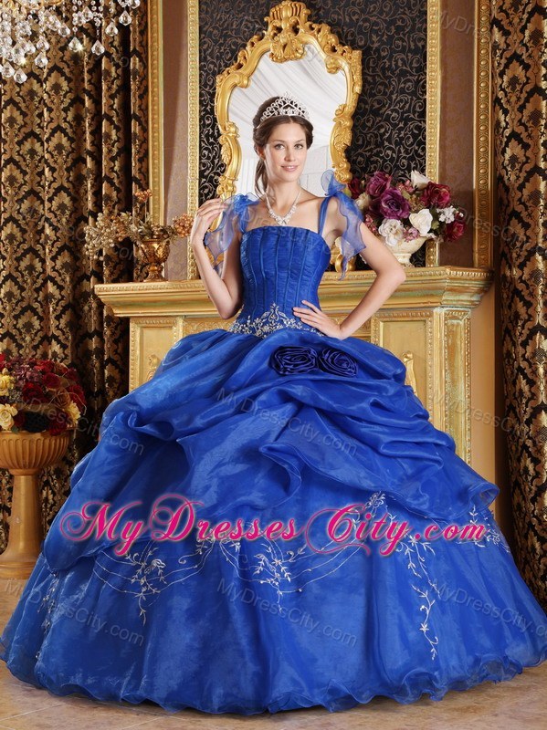 Blue Spaghetti Straps Organza Appliques Sweet 15 Dresses