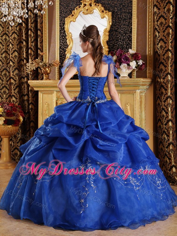 Blue Spaghetti Straps Organza Appliques Sweet 15 Dresses