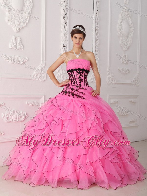 Hot Pink Cascading Ruffles Appliques Quinceanera Gowns