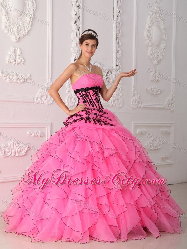 Hot Pink Cascading Ruffles Appliques Quinceanera Gowns