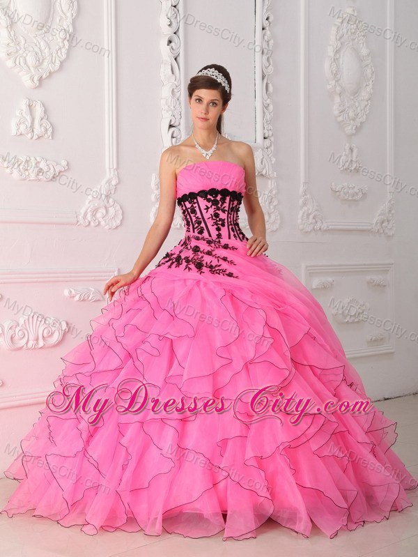 Hot Pink Cascading Ruffles Appliques Quinceanera Gowns