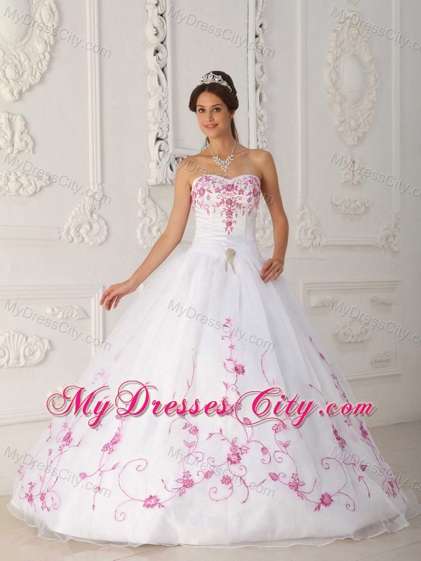 White Organza Quinceanera Dress with Pink Embroidery