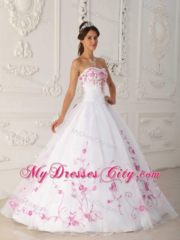 White Organza Quinceanera Dress with Pink Embroidery