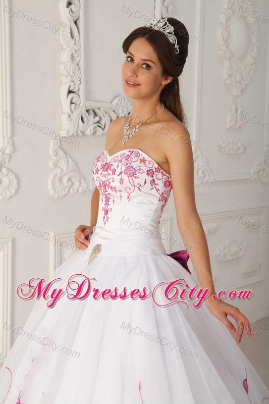 White Organza Quinceanera Dress with Pink Embroidery