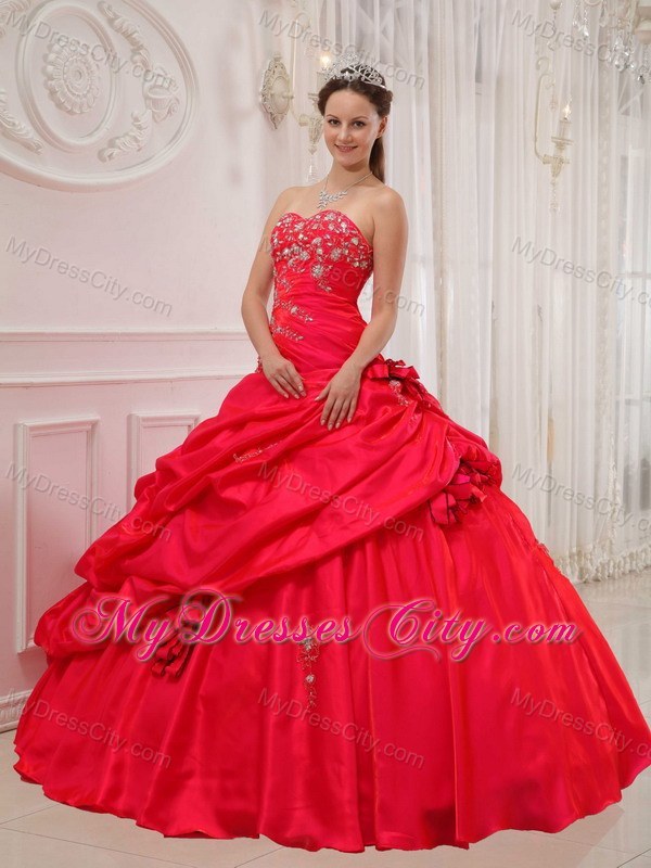 Red Sweetheart Taffeta Quinceanera Dress with Flowers