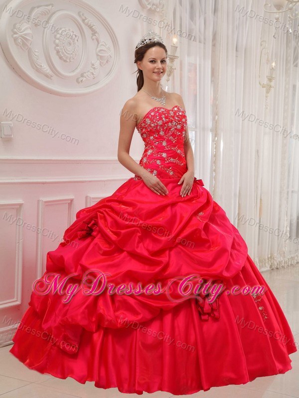 Red Sweetheart Taffeta Quinceanera Dress with Flowers