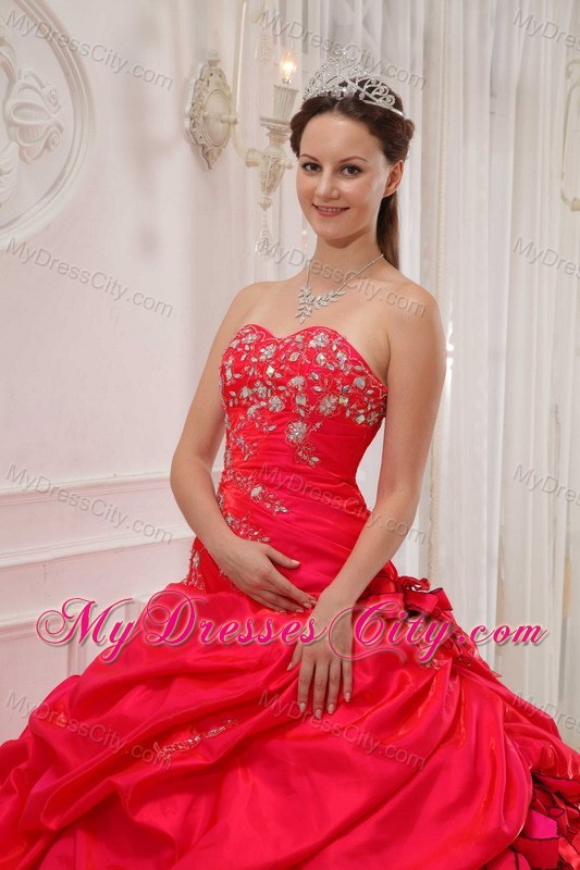 Red Sweetheart Taffeta Quinceanera Dress with Flowers