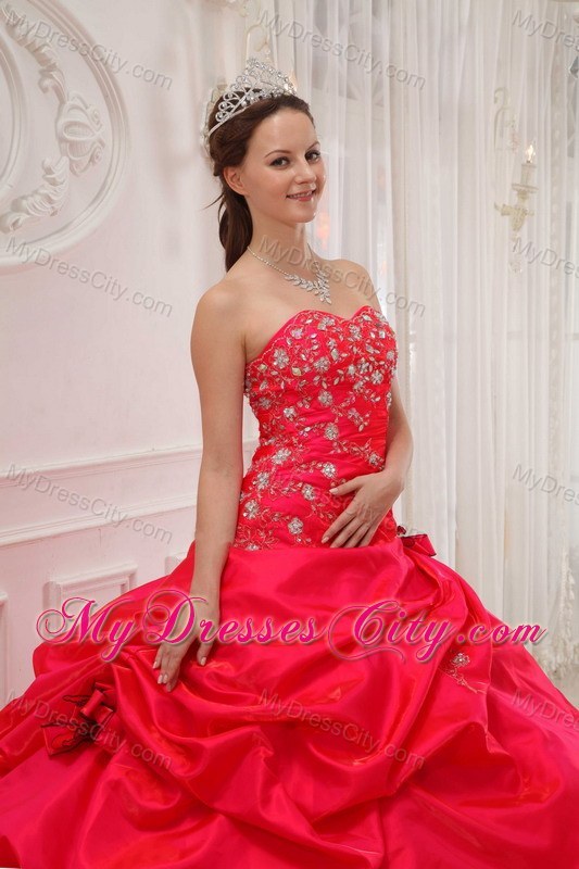 Red Sweetheart Taffeta Quinceanera Dress with Flowers