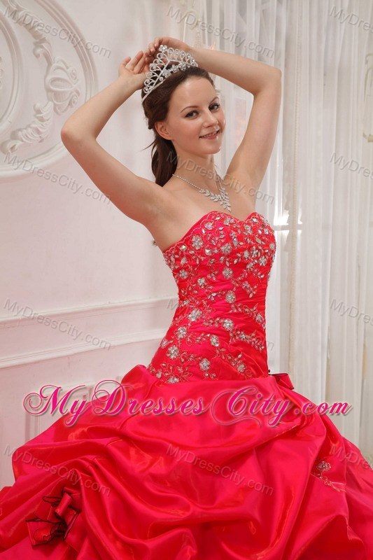 Red Sweetheart Taffeta Quinceanera Dress with Flowers