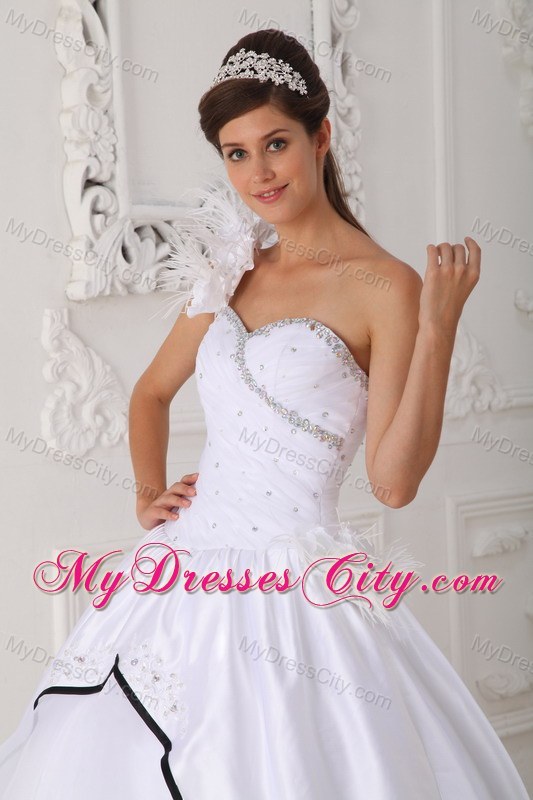 One Shoulder Flower Beading Quinceanera Dress in White