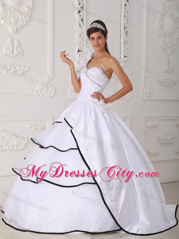 One Shoulder Flower Beading Quinceanera Dress in White