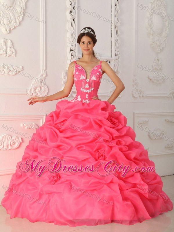 Watermelon Straps Satin and Organza Flowers Quinceanera Dress