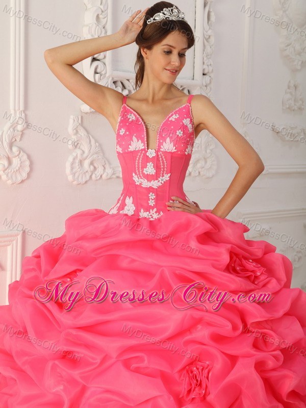 Watermelon Straps Satin and Organza Flowers Quinceanera Dress