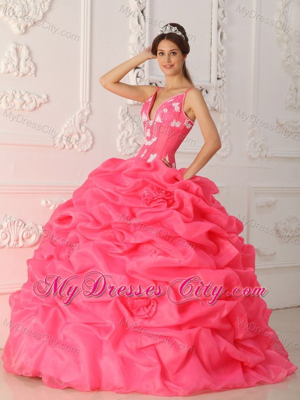 Watermelon Straps Satin and Organza Flowers Quinceanera Dress