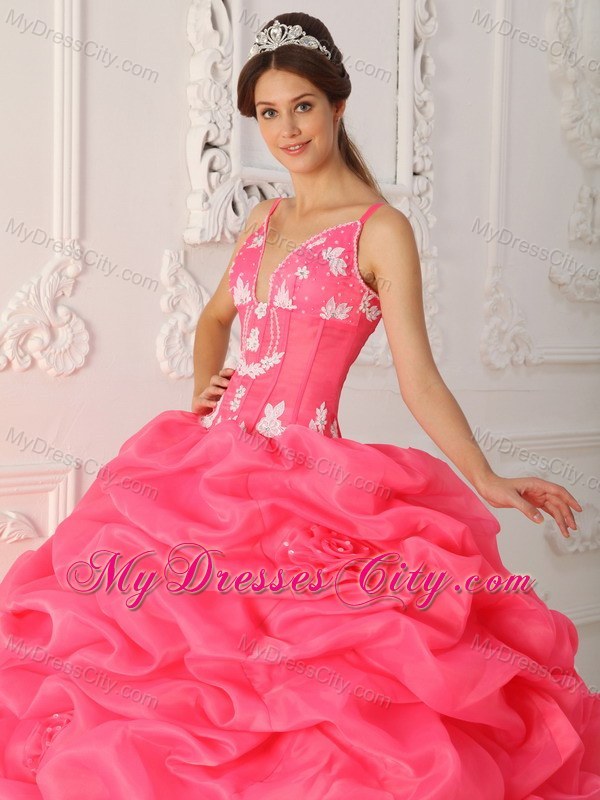 Watermelon Straps Satin and Organza Flowers Quinceanera Dress