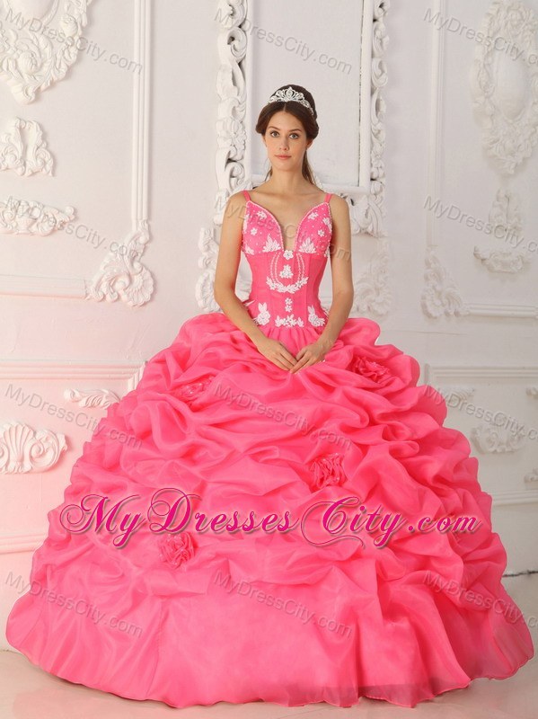 Watermelon Straps Satin and Organza Flowers Quinceanera Dress