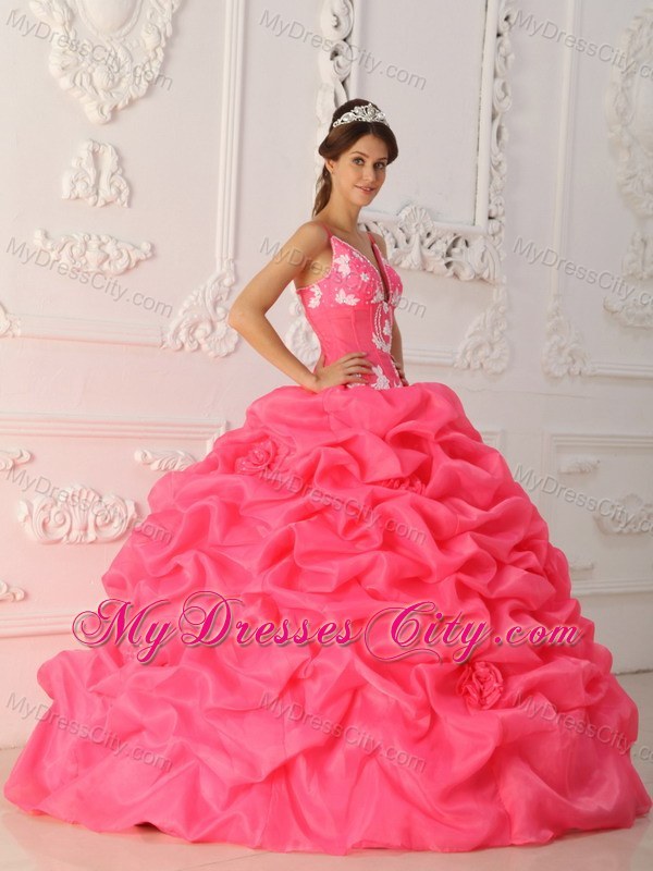 Watermelon Straps Satin and Organza Flowers Quinceanera Dress