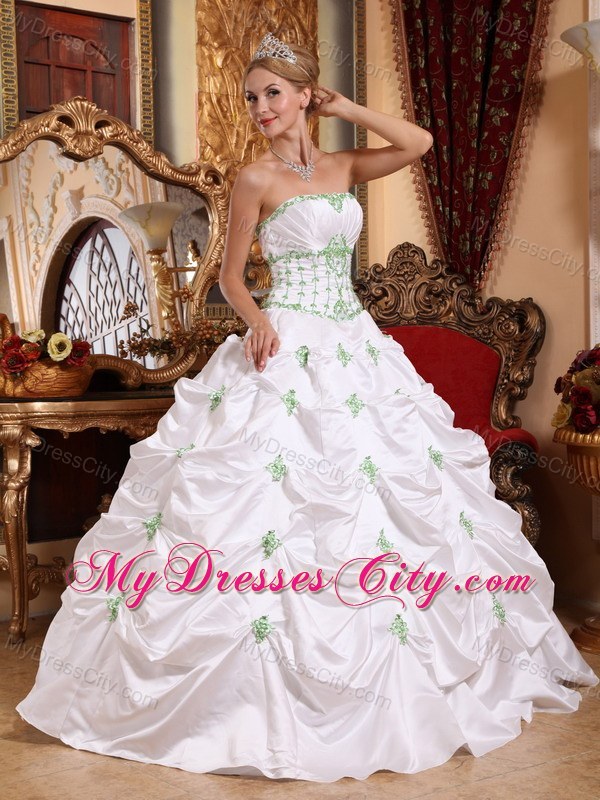 White Taffeta Quinceanera Dress with Green Appliques