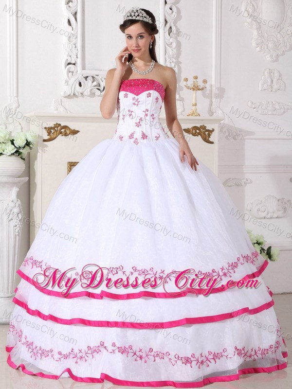 White and Hot Pink Strapless Appliques Sweet 15 Dresses