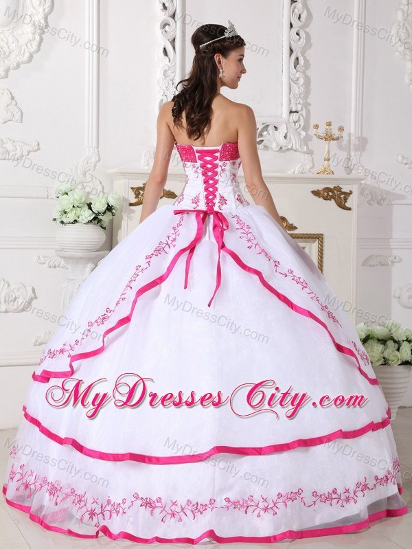 White and Hot Pink Strapless Appliques Sweet 15 Dresses