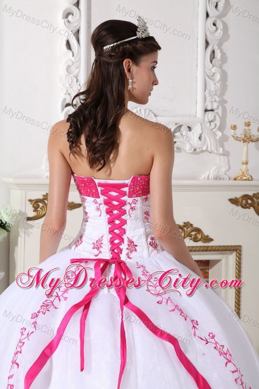 White and Hot Pink Strapless Appliques Sweet 15 Dresses