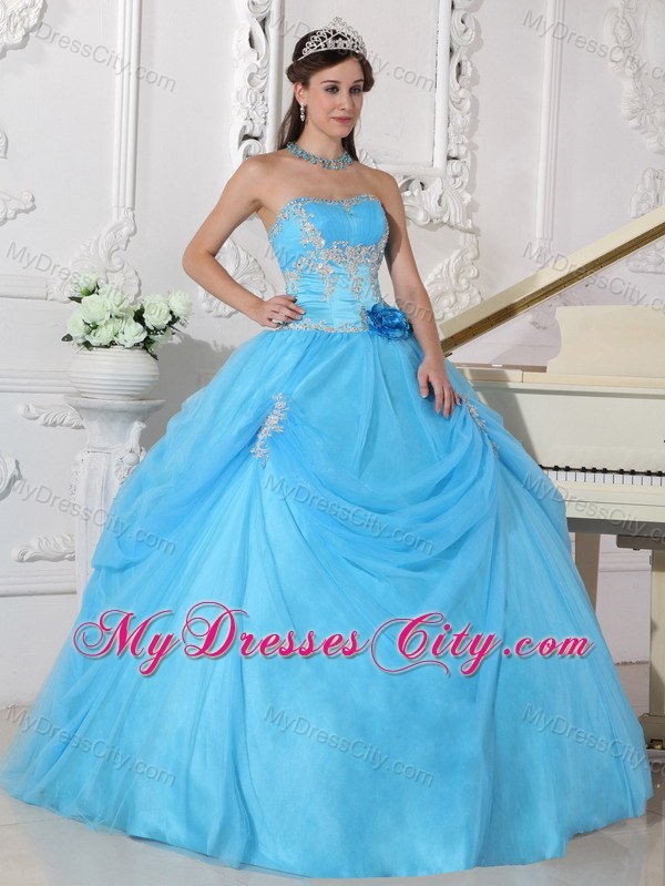 Aqua Blue Taffeta and Organza Flower Quinceanera Dress