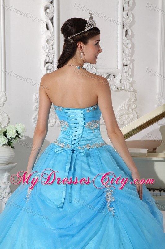 Aqua Blue Taffeta and Organza Flower Quinceanera Dress