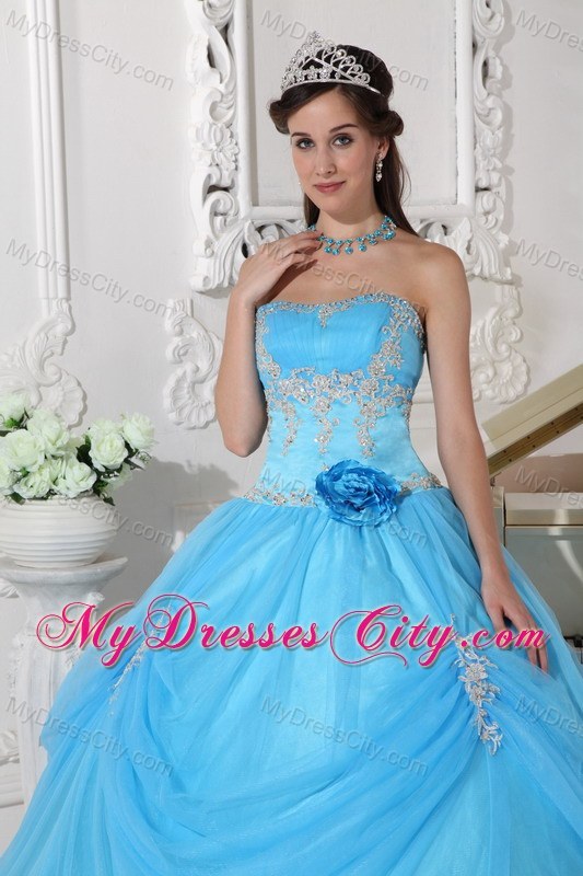 Aqua Blue Taffeta and Organza Flower Quinceanera Dress