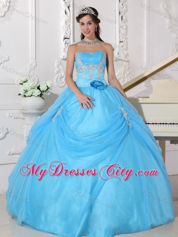 Aqua Blue Taffeta and Organza Flower Quinceanera Dress