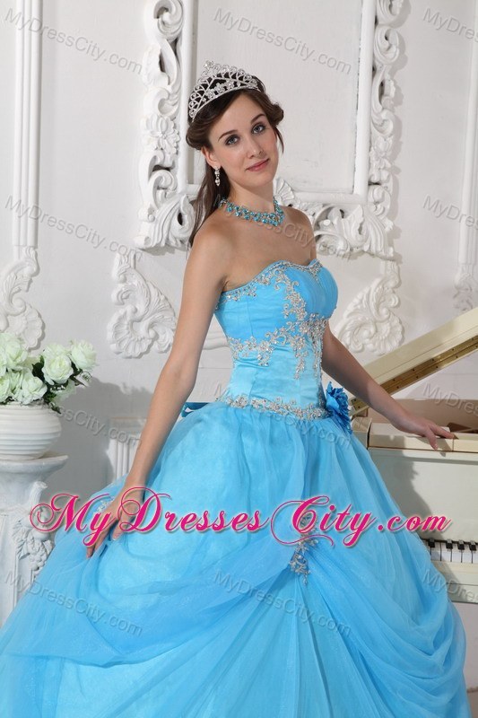 Aqua Blue Taffeta and Organza Flower Quinceanera Dress