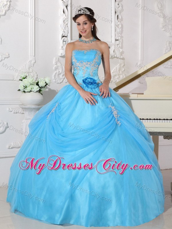 Aqua Blue Taffeta and Organza Flower Quinceanera Dress